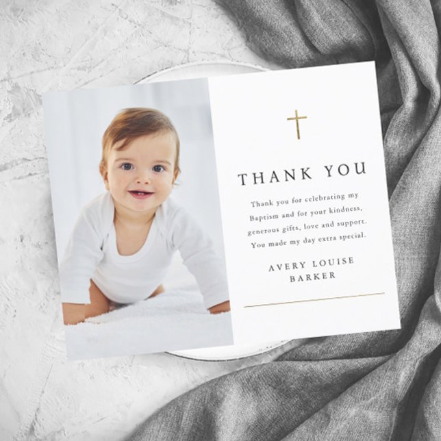 Gold Cross Foto Taufe Danke Karte (Modern simple baby photo baptism thank you cards.)