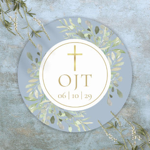 Gold Cross Monogram Initials Greenery Dusty Blue Runder Aufkleber