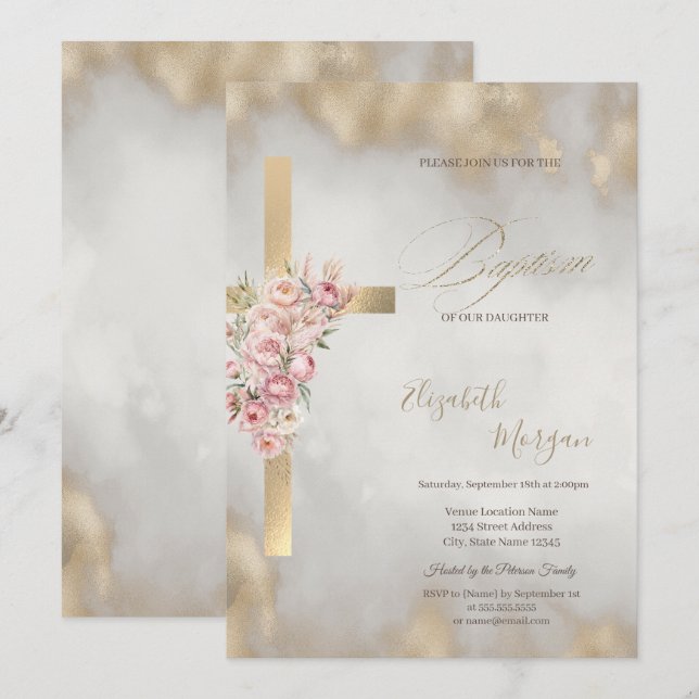  Gold Cross Pink Flowers Baptism Glitter Gold Einladung (Vorne/Hinten)