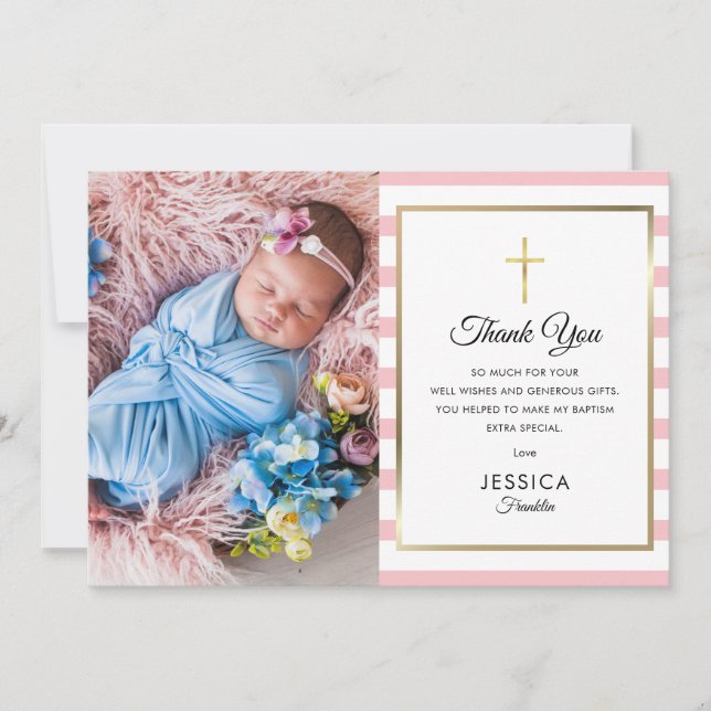 Gold Cross Pink Stripe Taufe Christening Foto Dankeskarte (Vorderseite)