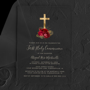 Gold Cross Red Floral Gold Text erste Kommune Acryleinladungen