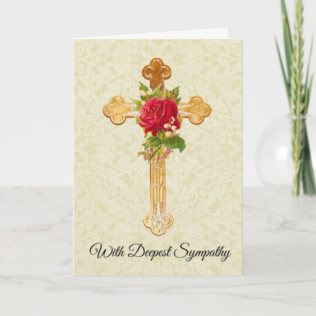 Gold Cross Rote Rosen Beileid Condolence Karte (Vorderseite)