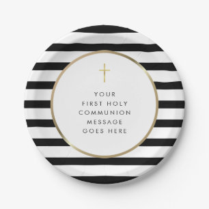 Gold Cross Stripe Erste heilige Kommunion-Nachrich Pappteller