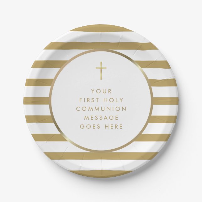 Gold Cross Stripe Erste heilige Kommunion-Nachrich Pappteller (Vorderseite)
