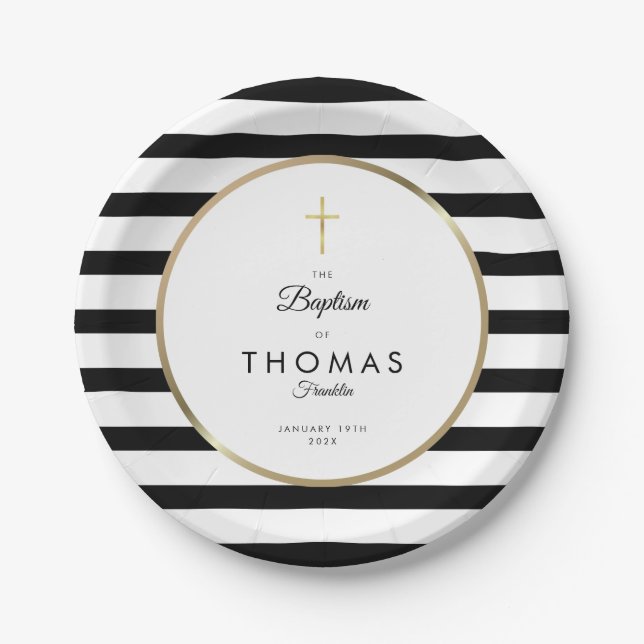 Gold Cross Stripe Taufe Christening Pappteller (Vorderseite)