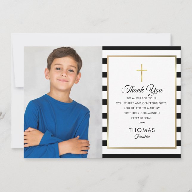 Gold Cross Striping First Holy Communion Foto Dankeskarte (Vorderseite)