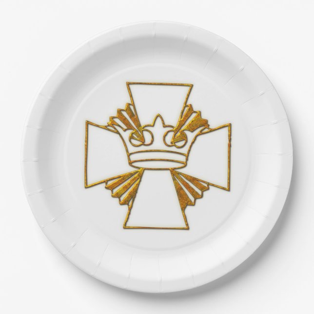 Gold Cross und Crown 3D Look Pappteller (Vorderseite)