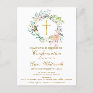 Gold Cross Watercolor Floral Confirmation Einladungspostkarte