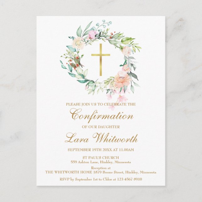 Gold Cross Watercolor Floral Confirmation Einladungspostkarte (Vorderseite)