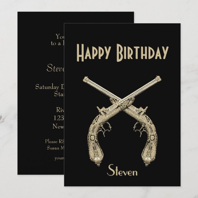 Gold Crossed Pistolen Black Birthday Party Einladung (Vorne/Hinten)