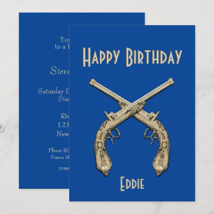 Gold Crossed Pistols Blue Birthday Party Einladung