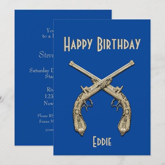 Gold Crossed Pistols Blue Birthday Party Einladung (Vorne/Hinten)