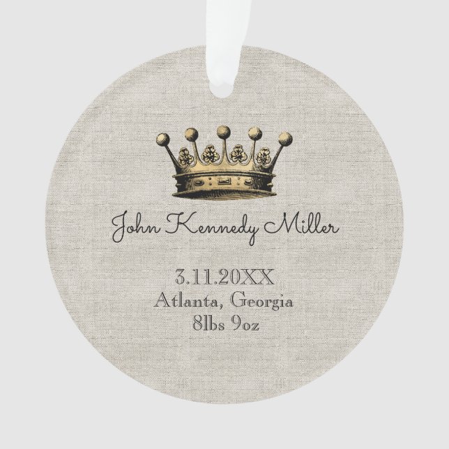 Gold Crown Baby Birth Ankündigung Keepake Linen Ornament (Vorderseite)