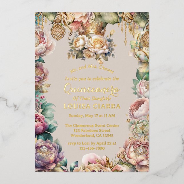 Gold Crown Diamond Blume Quinceanera Folieneinladung (Vorderseite)