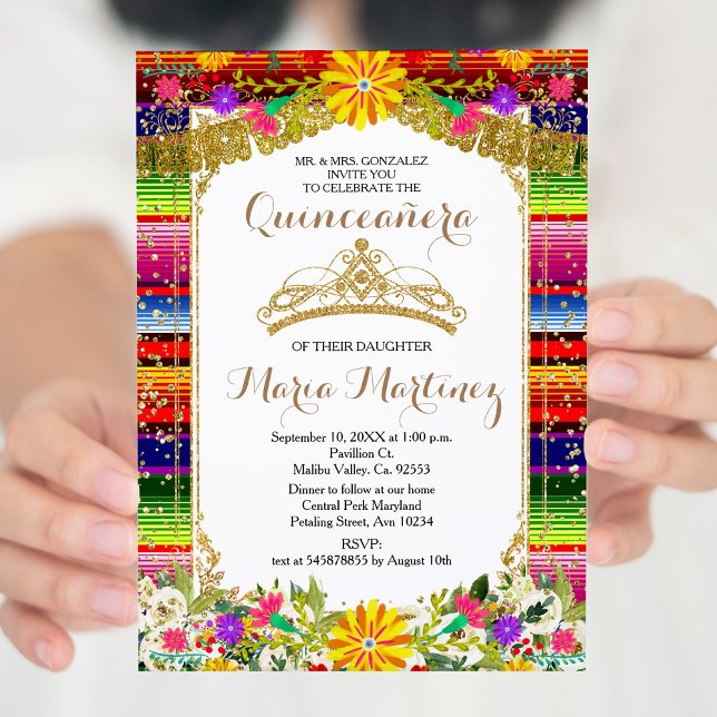 Gold Crown Mexique Floral Quinceañera Invitation (Créateur téléchargé)