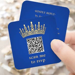 Gold Crown Royal Blau Quinceañera Scan Me QR RSVP Begleitkarte