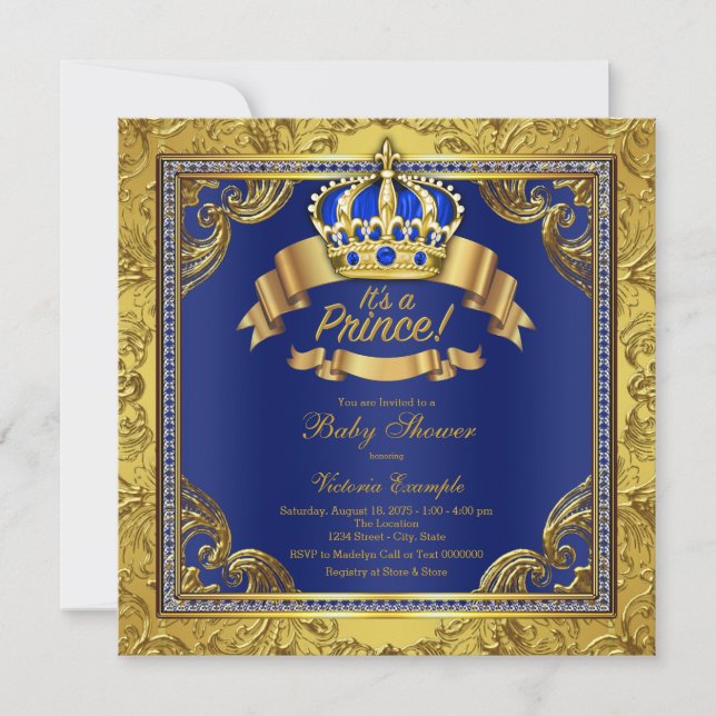 Gold Crown Royal Blue Prince Baby Dusche Einladung (Vorderseite)