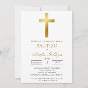 Gold Crucifix Baptême espagnol Invitation