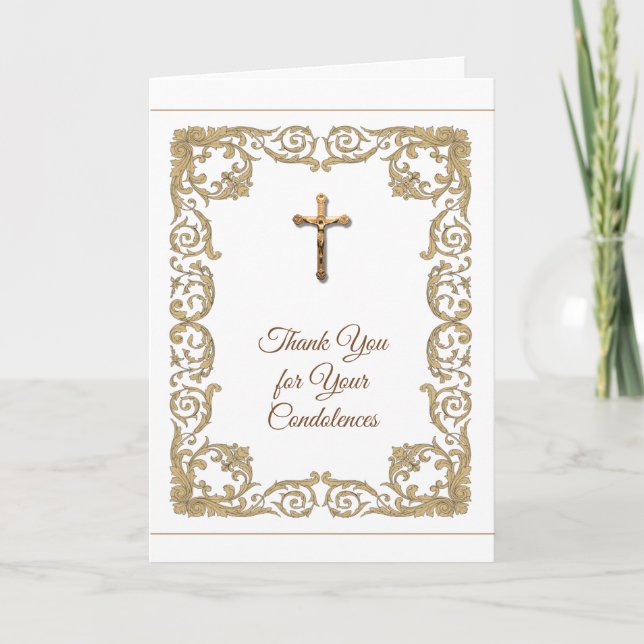 Gold Crucifix Lace Katholisches Beileid Vielen Dan Dankeskarte (Vorderseite)
