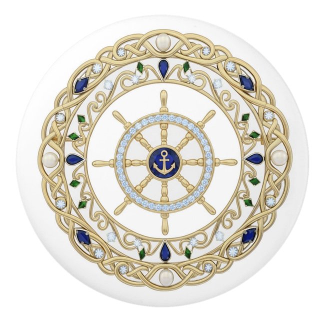 Gold Crystal Nautical Captain Ship's Wheel Helm Keramikknauf (Vorderseite)