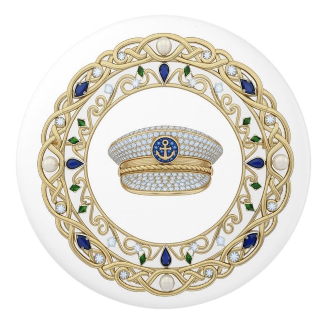 Gold Crystal Ship Captain's Hat 2Dgraphic Nautical Keramikknauf (Vorderseite)