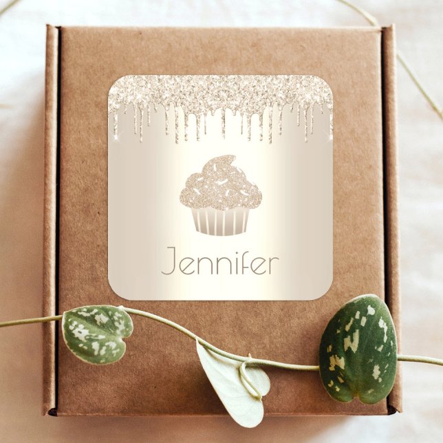 Gold cupcake Glitzer Tropfen nennen modernen Glanz Quadratischer Aufkleber (Von Creator hochgeladen)