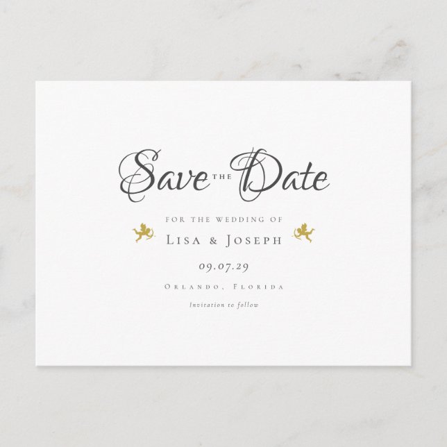 Gold Cupids Elegantes Skript Save the Date Postkarte (Vorderseite)