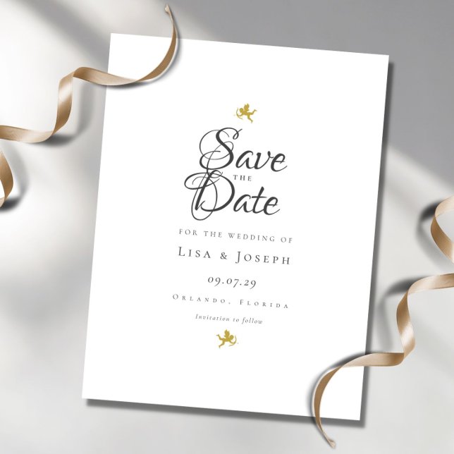 Gold Cupids Elegantes Skript Save the Date Postkarte (Von Creator hochgeladen)