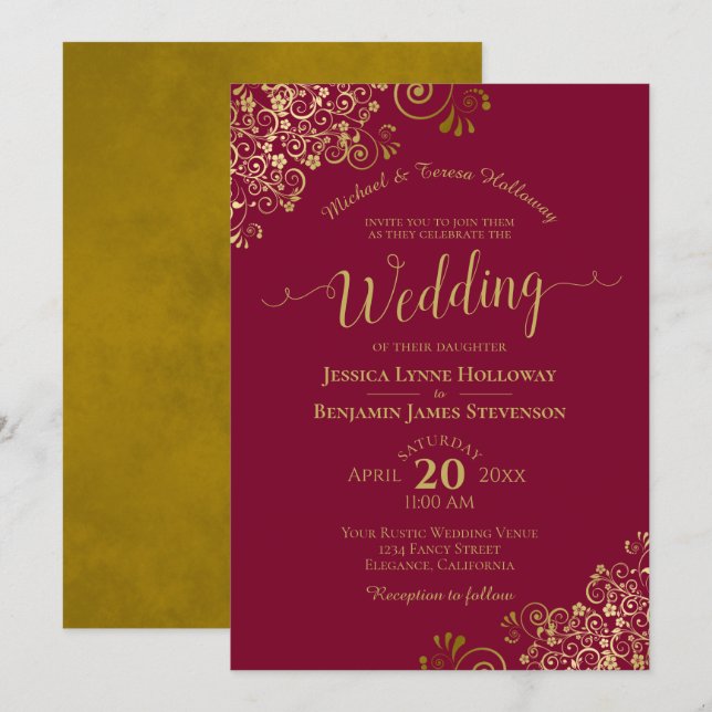 Gold Curls Burgundy Maroon Hochzeit Einladung (Vorne/Hinten)
