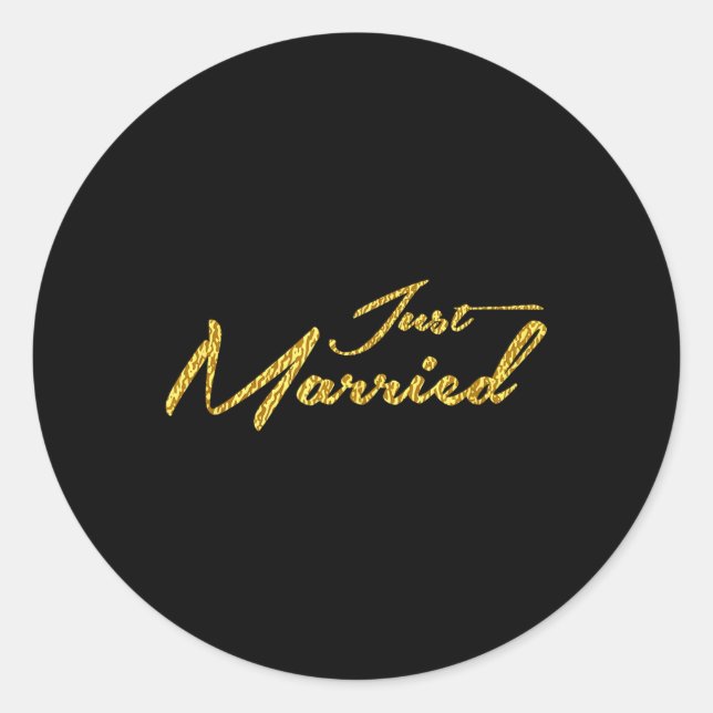 Gold Cursive Just Married Wedding Gift Bride Groom Runder Aufkleber (Vorderseite)