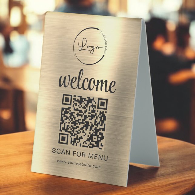 Gold Custom QR Code Menü Text Modernes Business Tischaufsteller (Von Creator hochgeladen)