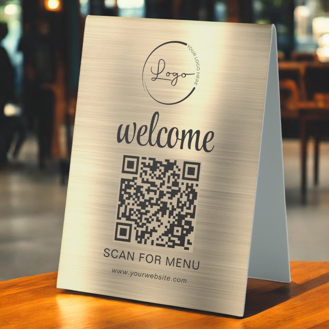 Gold Custom QR Code Menü Text Modernes Business Tischaufsteller (Von Creator hochgeladen)