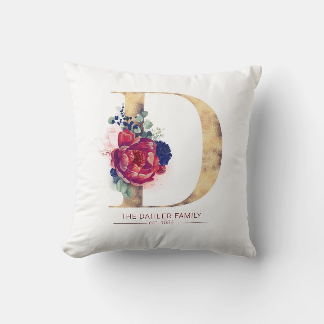 Gold D Monogram Floral Burgund Red and Navy Blue Kissen (Vorderseite)