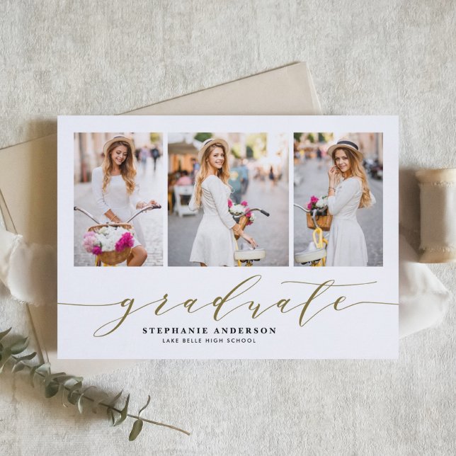 Gold Dainty Script Drei-Foto-Abschluss Ankündigung (Customizable photo collage graduation announcement featuring whimsical script. )