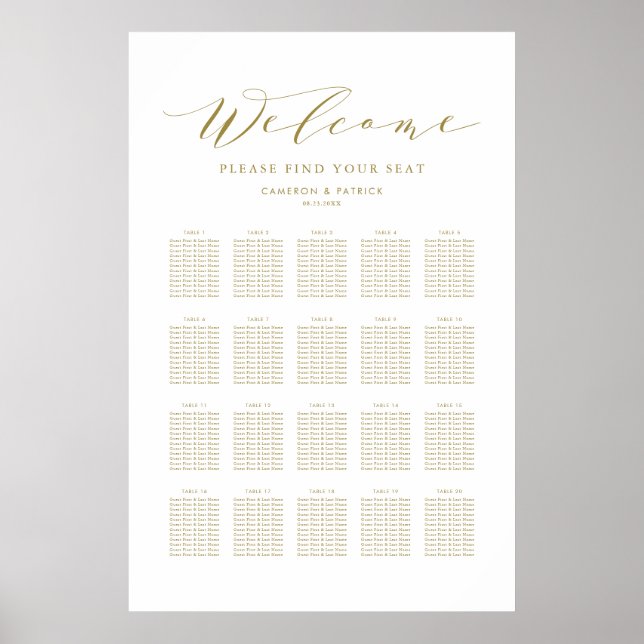 Gold Dainty Script Hochzeitsdiagramm Poster (Vorne)