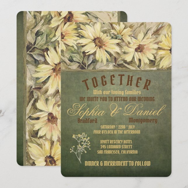 Gold Daisies auf Sage Wedding Einladungen (Vorne/Hinten)
