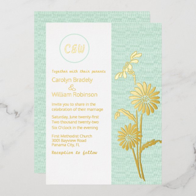 Gold Daisies Mit Monogramm Einladung zum Hochzeits (Vorderseite/Rückseite)