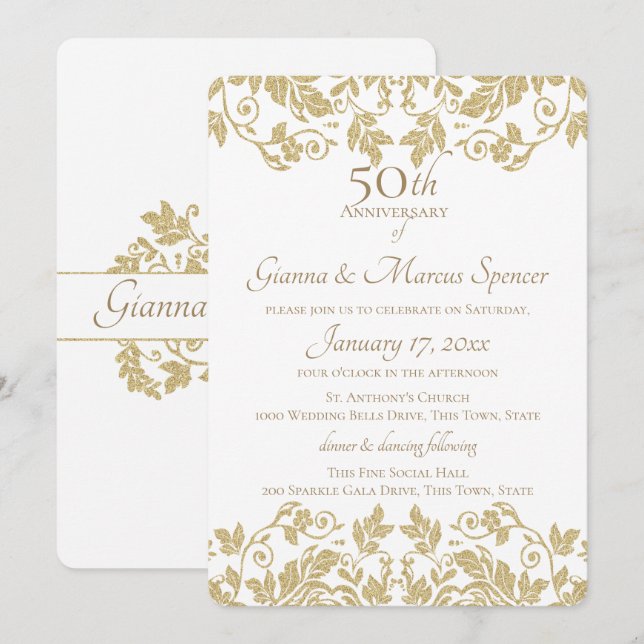 Gold Damask 50 Jahre Einladung (Vorne/Hinten)