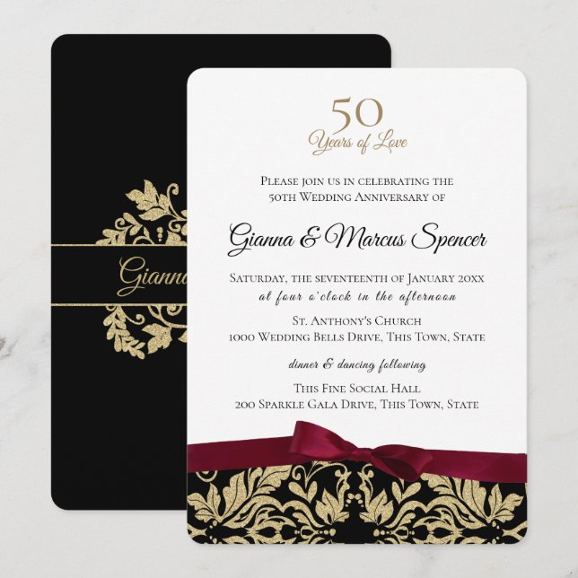 Gold Damask 50 Jahre Einladung (Vorne/Hinten)