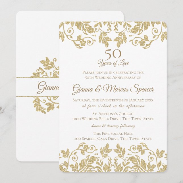 Gold Damask 50 Jahre Einladung (Vorne/Hinten)