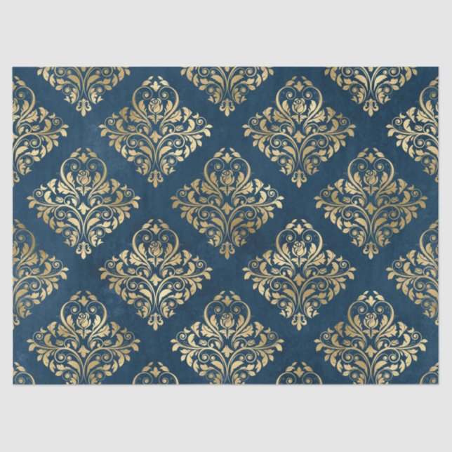 Gold Damask auf Blue Decoupage Seidenpapier (Vorderseite)