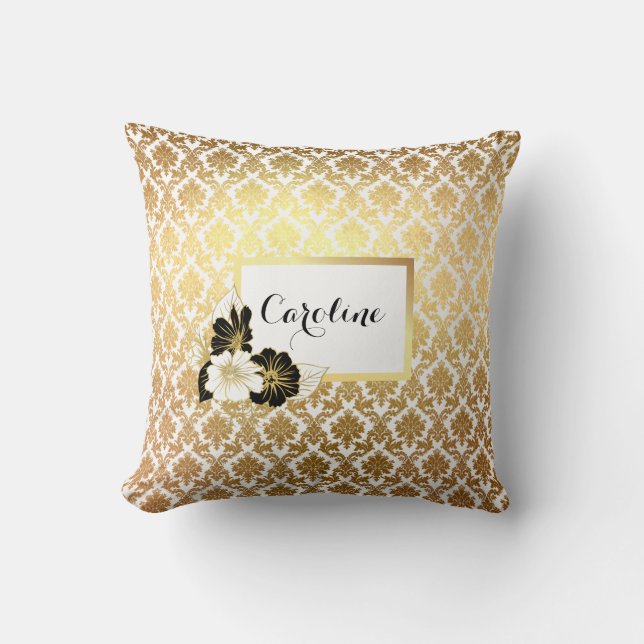Gold Damask auf Weiß Kissen (Vorderseite)