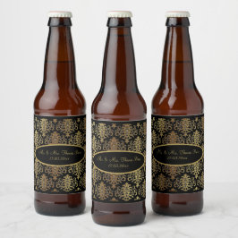 Gold Damask Black Script Wedding Elegant Bierflaschenetikett