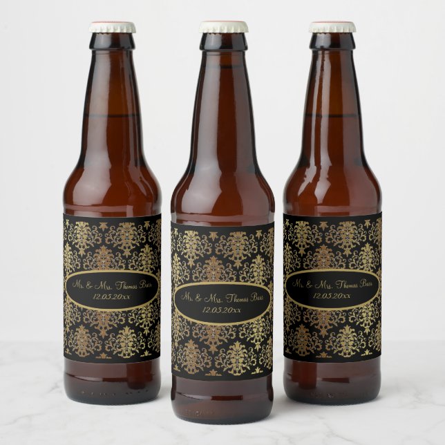 Gold Damask Black Script Wedding Elegant Bierflaschenetikett (Flaschen)