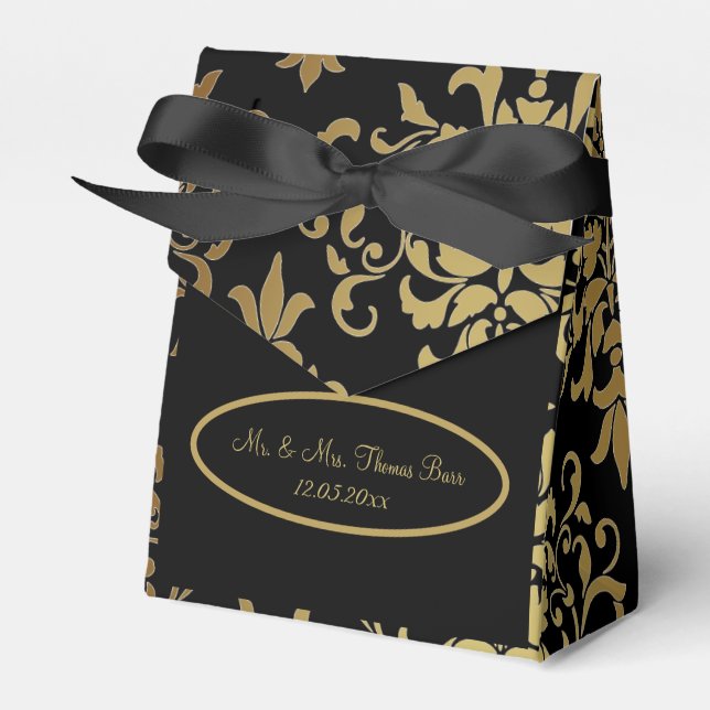 Gold Damask Black Script Wedding Elegant Geschenkschachtel (Vorderseite)