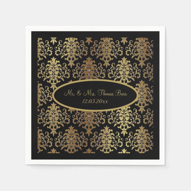 Gold Damask Black Script Wedding Elegant Serviette (Vorderseite)