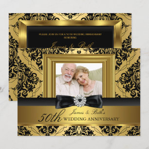 Gold Damask Bow Foto 50. Hochzeitstag 2 Einladung