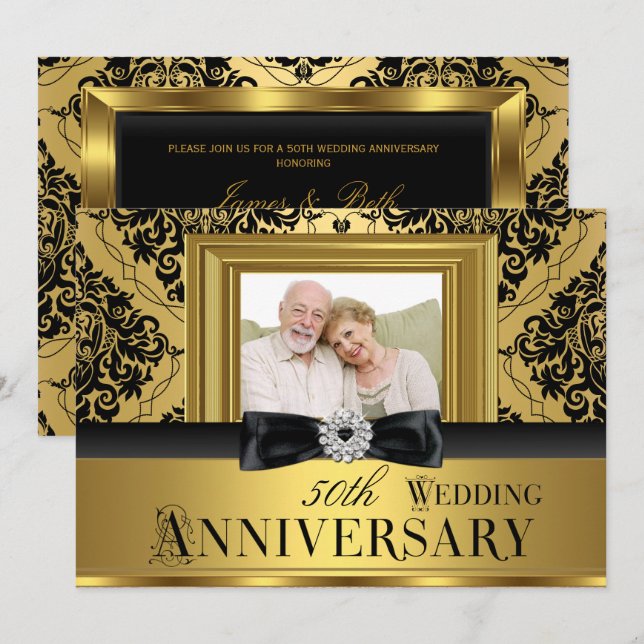 Gold Damask Bow Foto 50. Hochzeitstag 3 Einladung (Vorne/Hinten)
