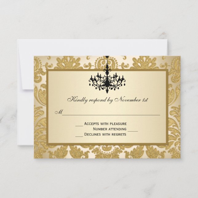 Gold Damask, Chandelier Mariage Carte de réponse (Devant)