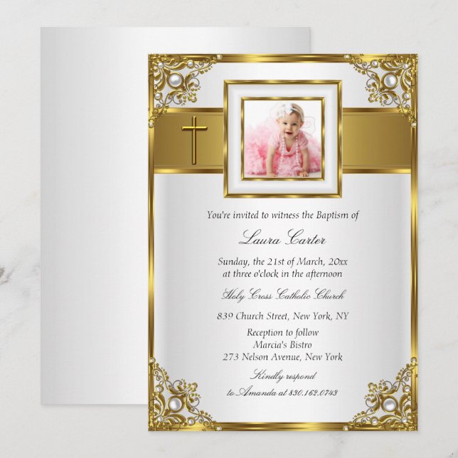 Gold Damask & Cross Foto Taufe/Christening Einladung (Vorne/Hinten)